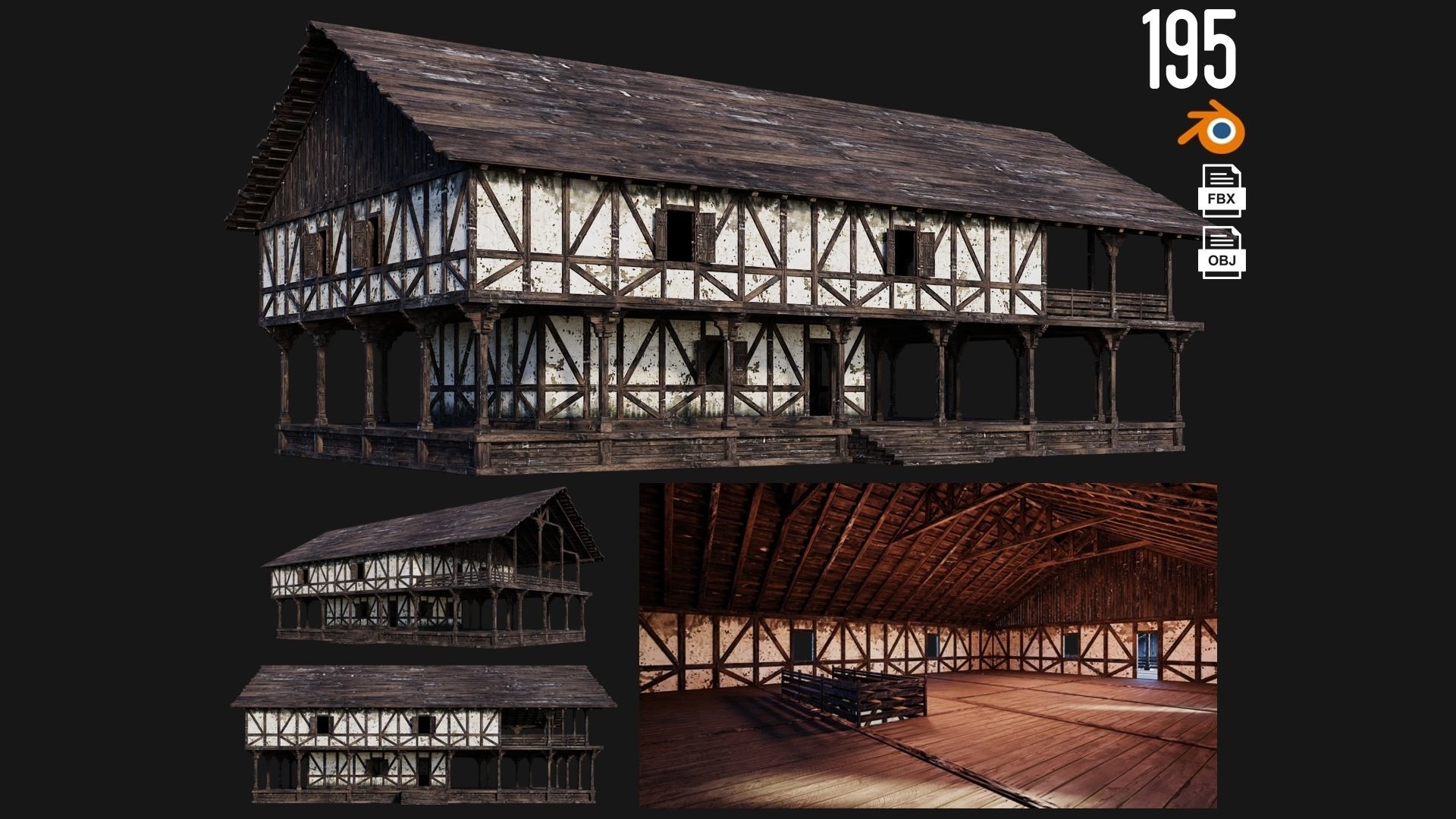 4 Old Medieval Building Pack 4K Textures GameReady 193 to 196 Low-poly 3D model_3