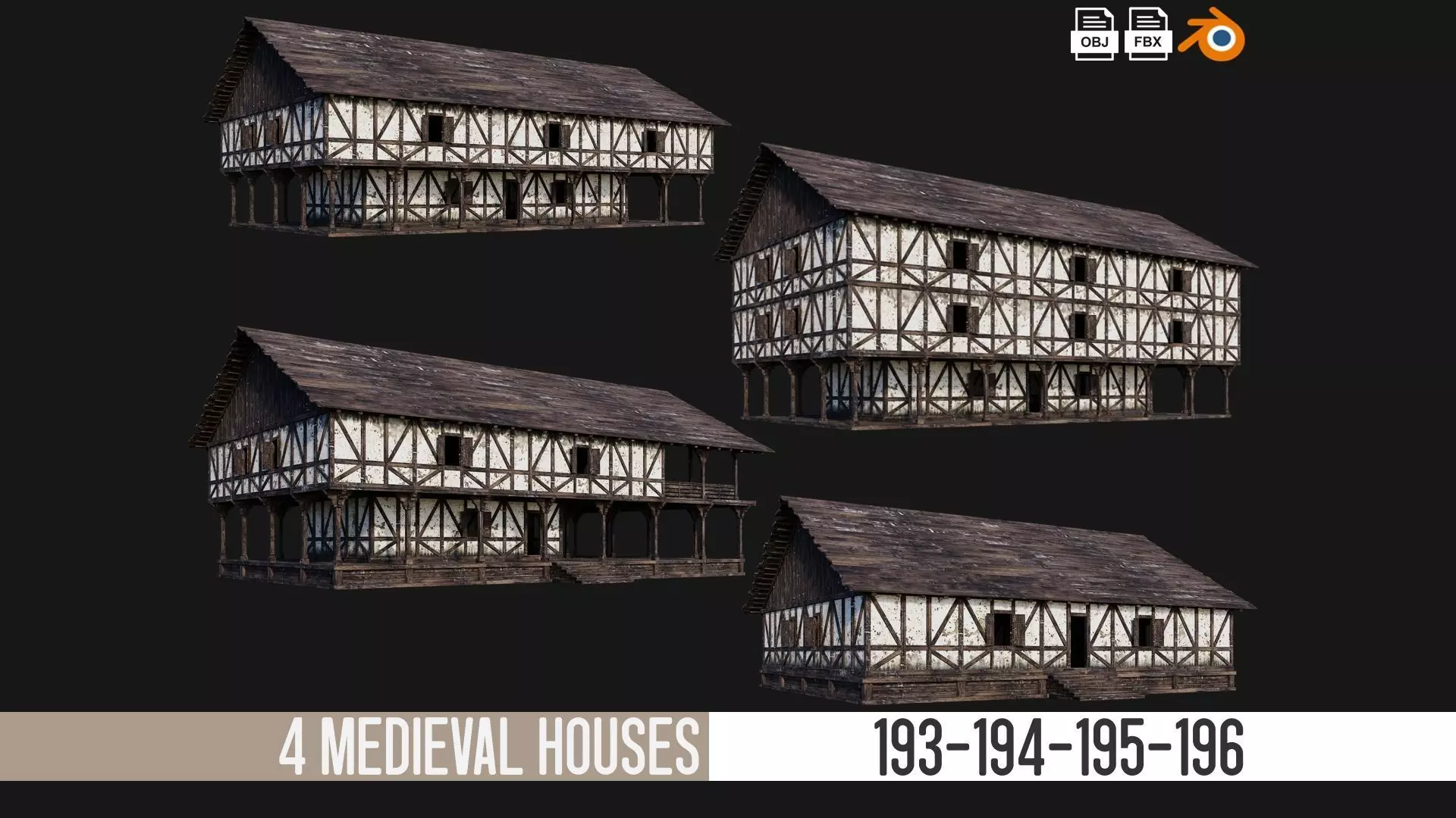 4 Old Medieval Building Pack 4K Textures GameReady 193 to 196 Low-poly 3D model_0