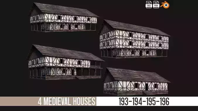 4 Old Medieval Building Pack 4K Textures GameReady 193 to 196 Low-poly 3D model