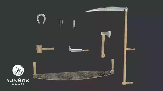 Rustic Farm Tools - Axe Scythe Saw Nails Mallet 10 Pieces 