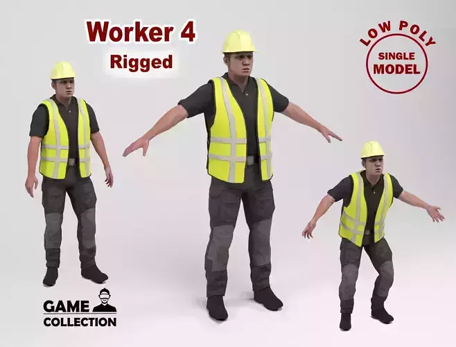 Worker 4 construction wearing vest Low-poly 3D model
