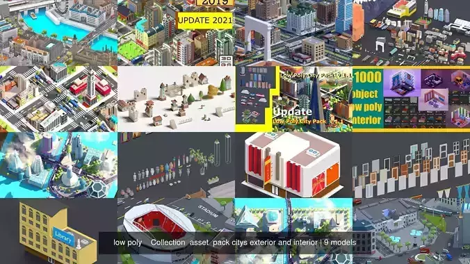 low poly    Collection  asset  pack citys exterior and interior 