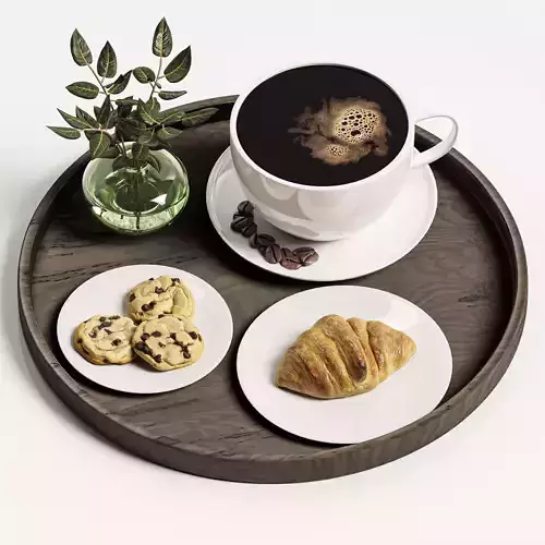 Decorative coffee set cookies croissants