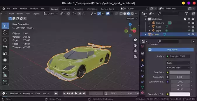 Sport Car Yellow For Racing Games Low-poly 3D model