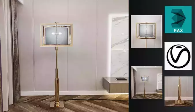 Abajur 3D model floor lamp with gold frame