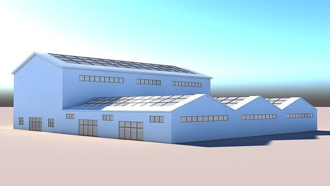Warehouse building with solar panels 3D model