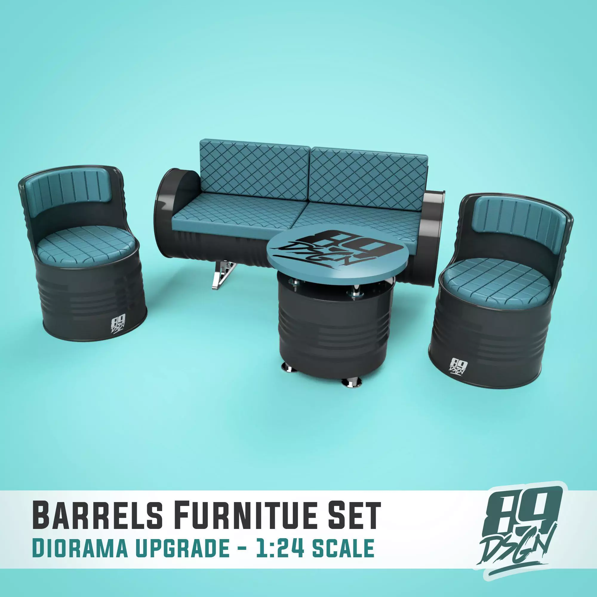 Oil drum furniture set - chairs table and sofa 3D print model_0