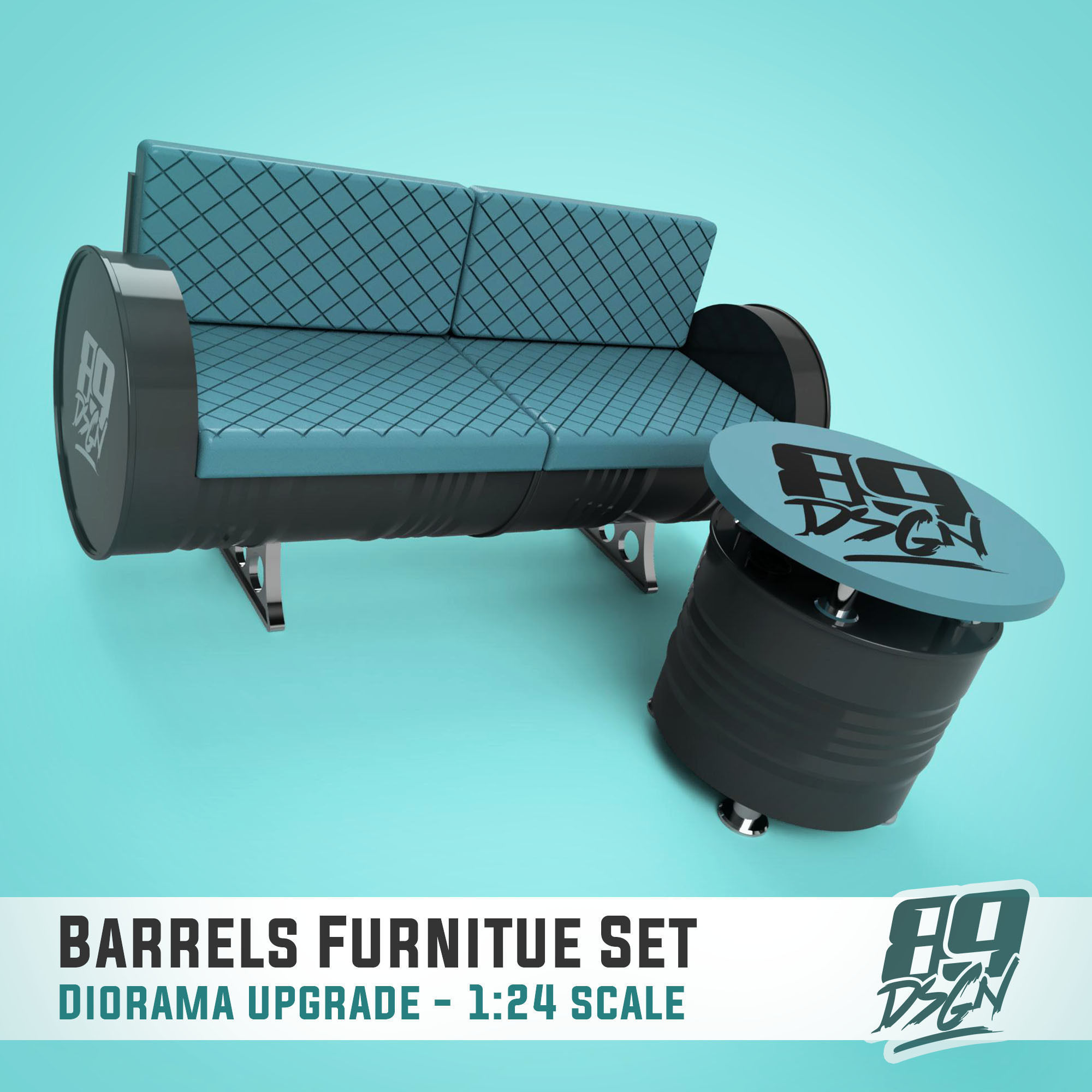 Oil drum furniture set - chairs table and sofa 3D print model_1