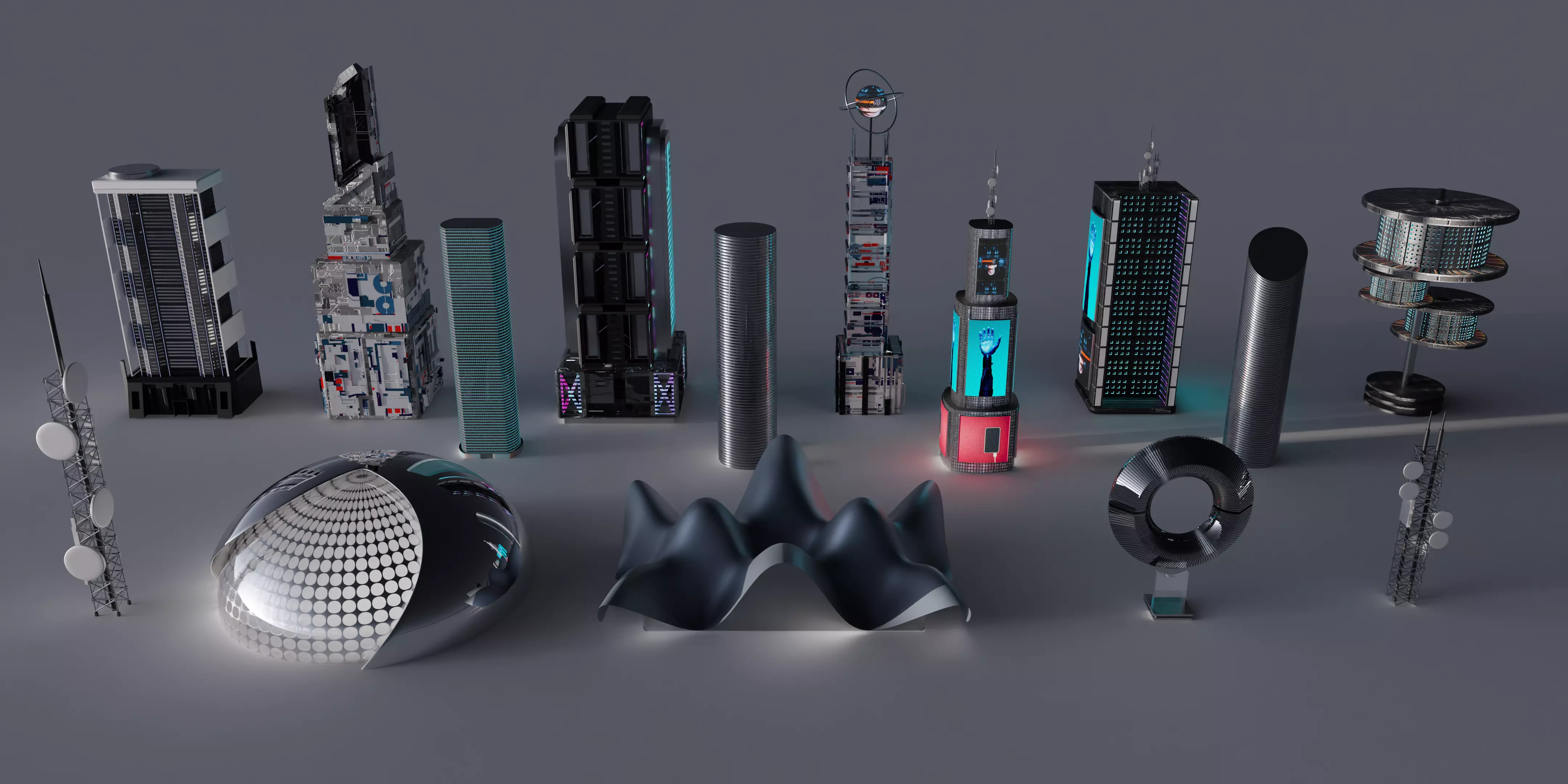 Cyberpunk Sci-fi futuristic building pack mid-poly 3D model Low-poly 3D model