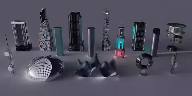 Cyberpunk Sci-fi futuristic building pack mid-poly 3D model Low-poly 3D model