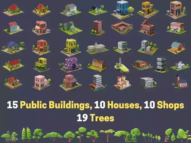 Cartoon Houses and Buildings 3D Model Collection 
