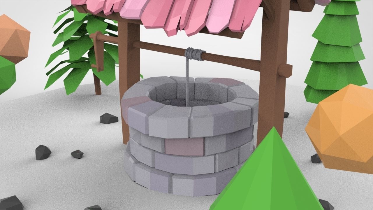 low-poly well with trees Low-poly 3D model_5