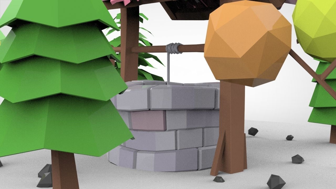 low-poly well with trees Low-poly 3D model_6