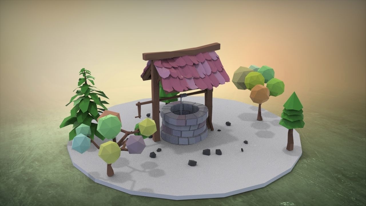 low-poly well with trees Low-poly 3D model_13