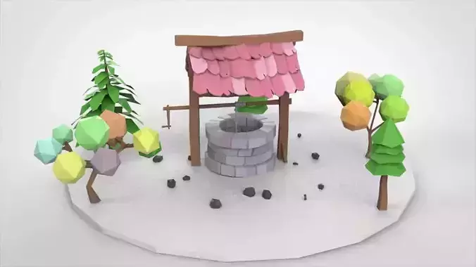 low-poly well with trees Low-poly 3D model
