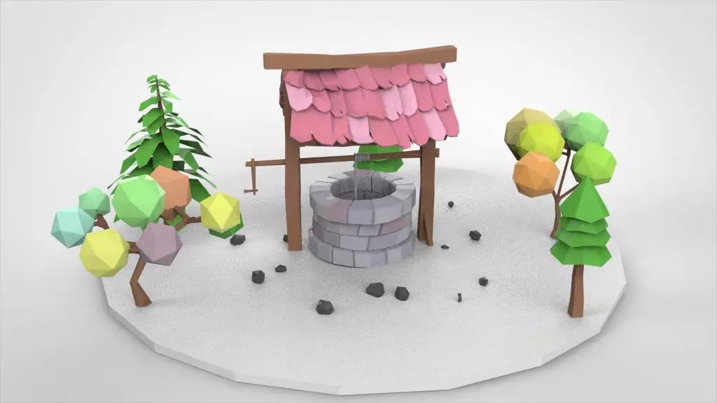 low-poly well with trees Low-poly 3D model_0