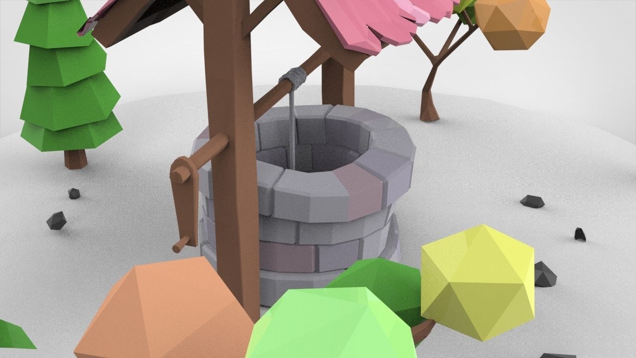 low-poly well with trees Low-poly 3D model_4