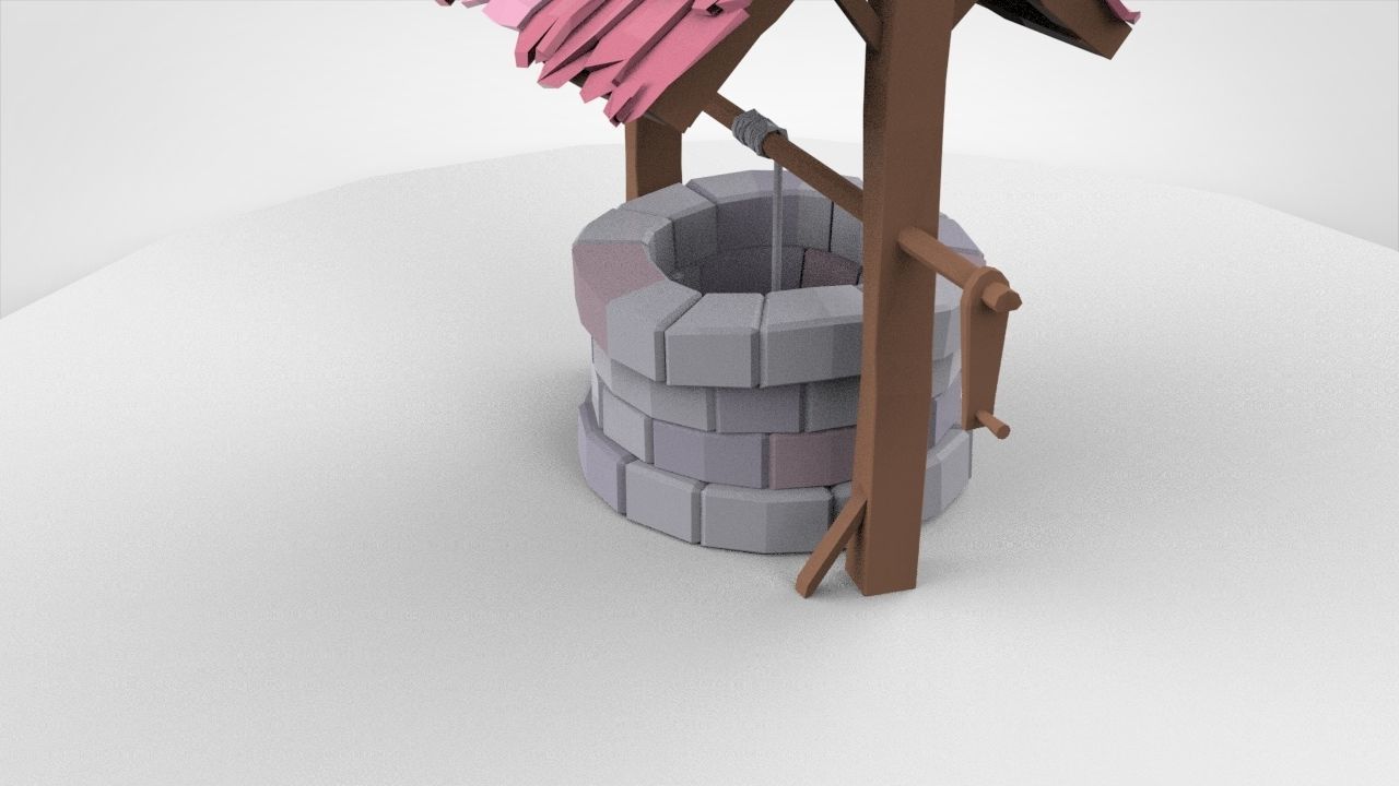 low-poly well with trees Low-poly 3D model_9
