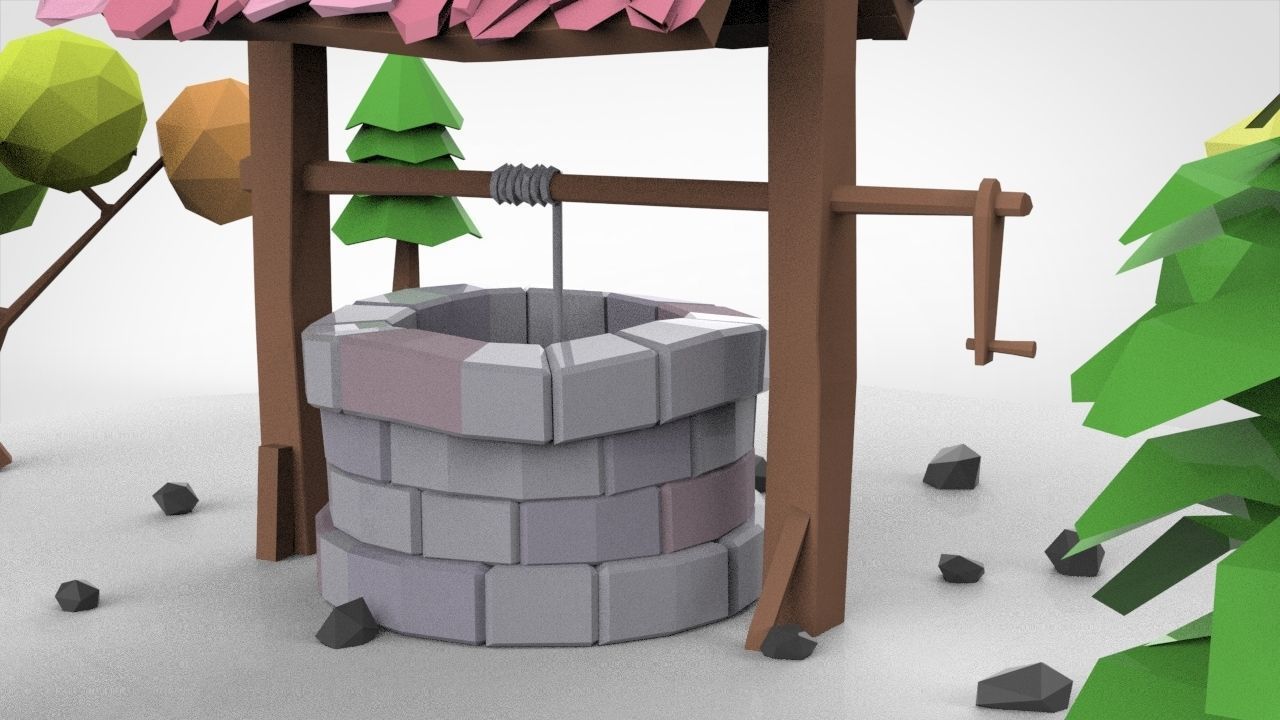 low-poly well with trees Low-poly 3D model_2