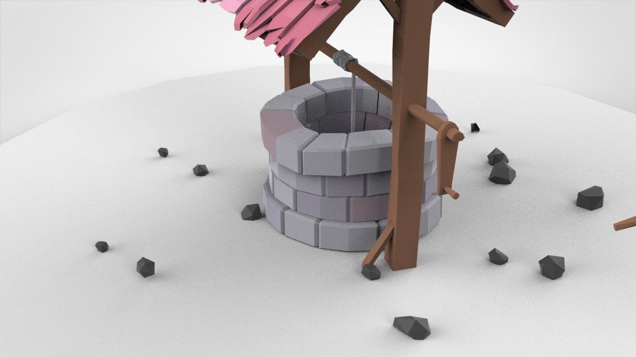 low-poly well with trees Low-poly 3D model_10