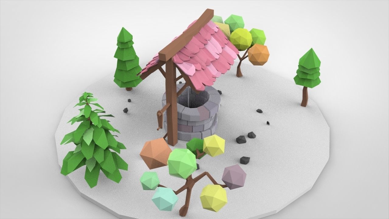 low-poly well with trees Low-poly 3D model_1