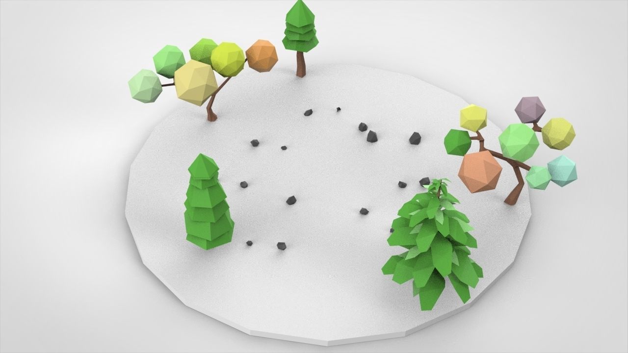 low-poly well with trees Low-poly 3D model_11