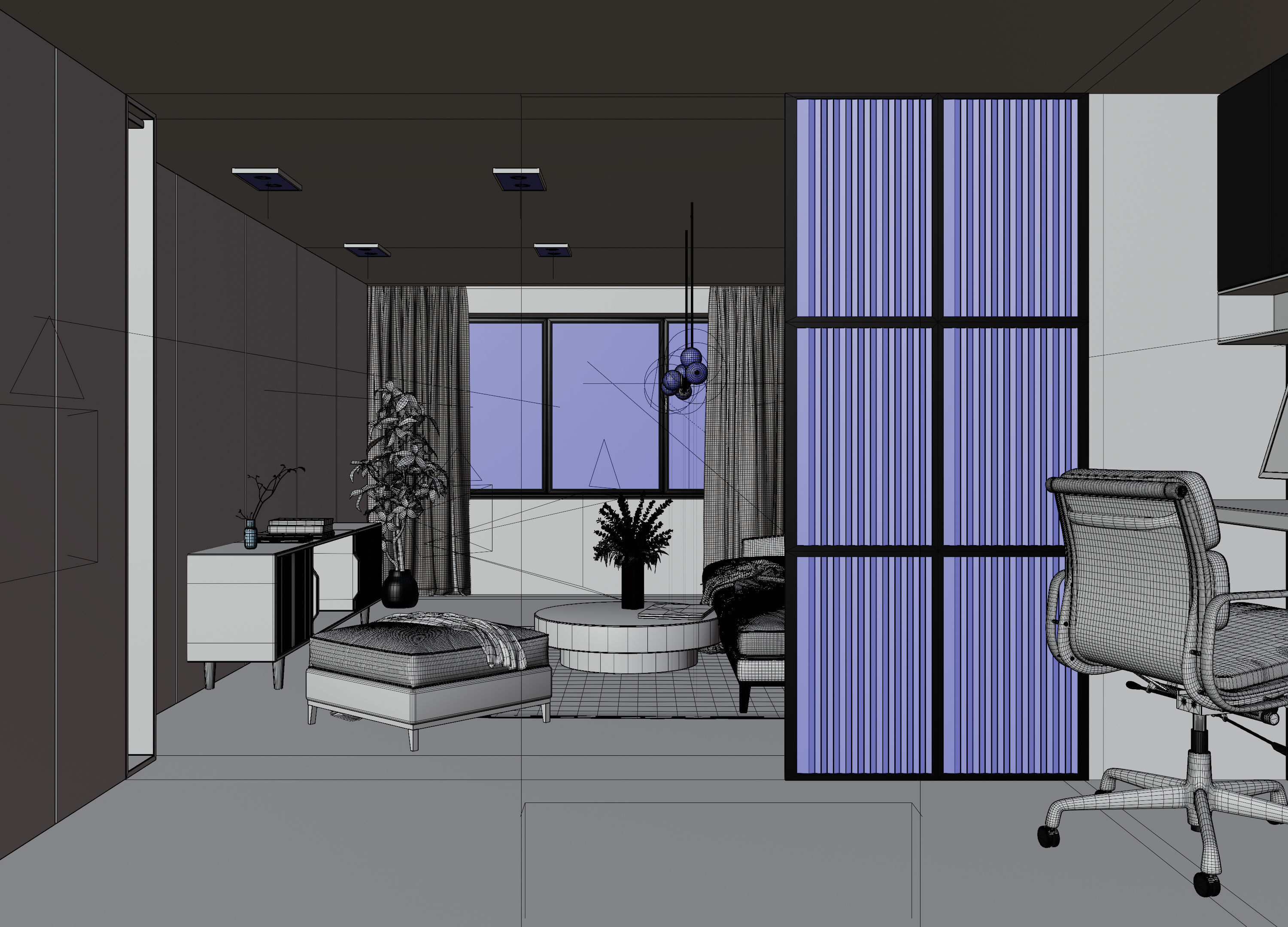 Living Room with Workspace Scene in Native Blend File 3D model_13