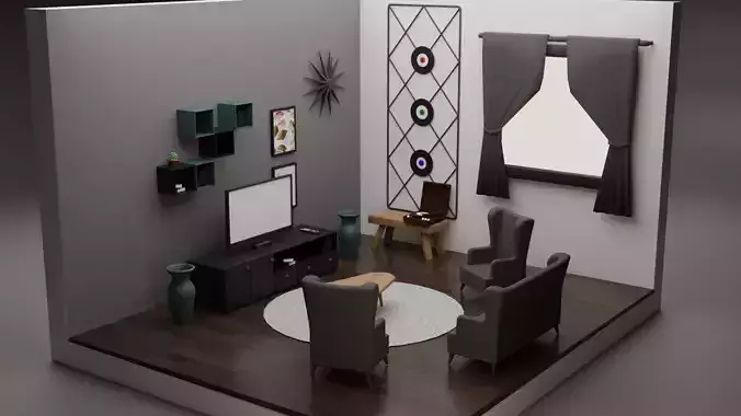Cartoon Style Living Room Low-poly 3D model