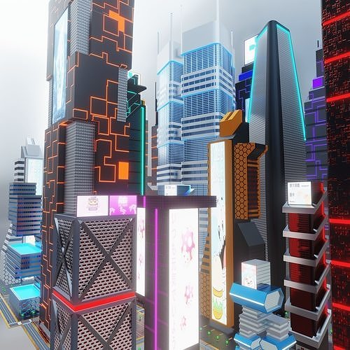 Sci Fi Building City with Roads Lights Screens - Low Poly PBR Low-poly 3D model