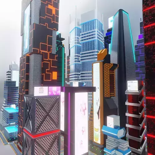 Sci Fi Building City with Roads Lights Screens - Low Poly PBR