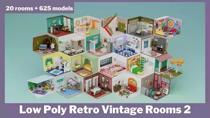 Low Poly Retro Vintage Rooms Interiors 2 Low-poly 3D model