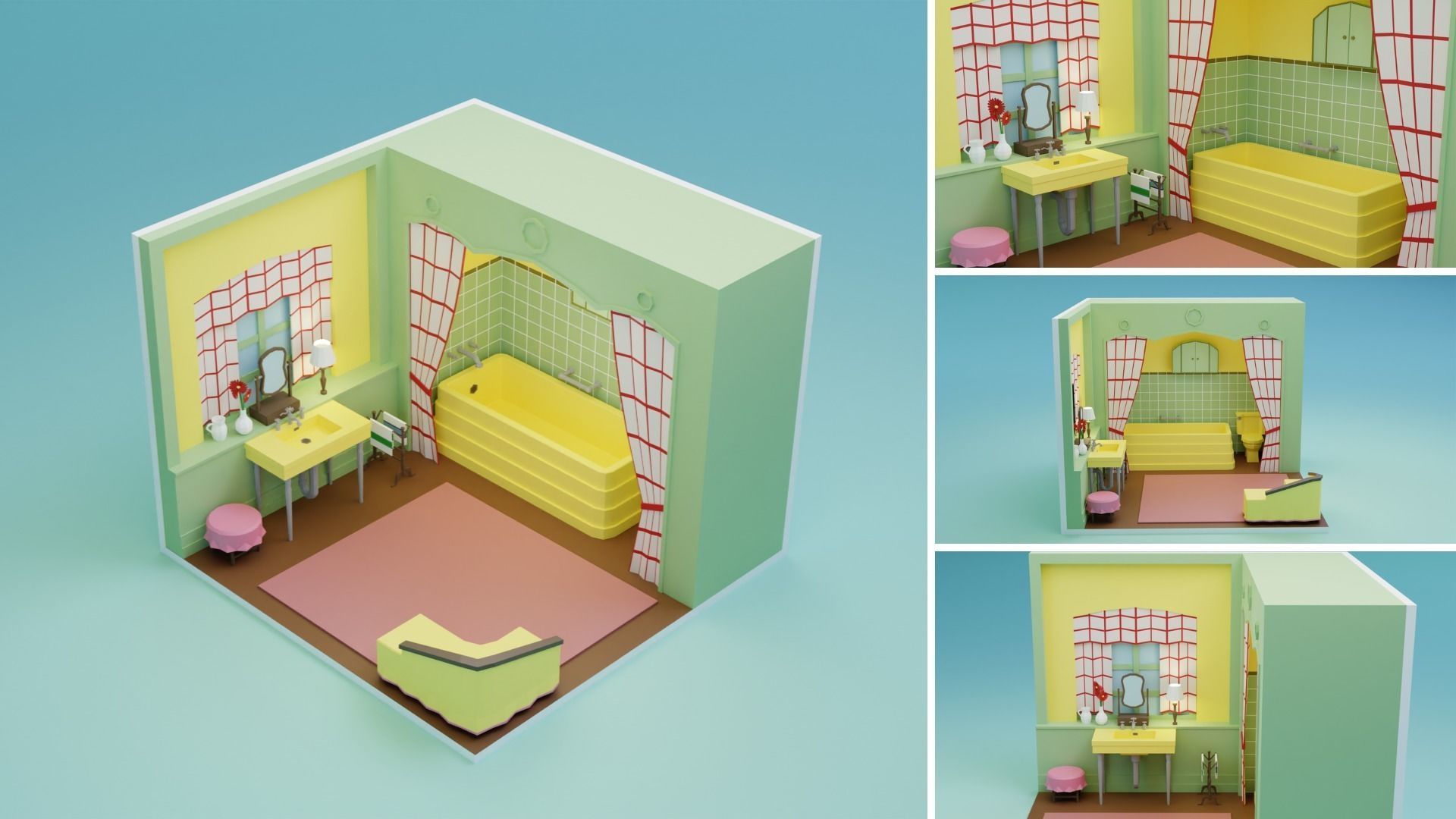 3D model Low Poly Retro Vintage Rooms Interiors 2 VR / AR / lowpoly