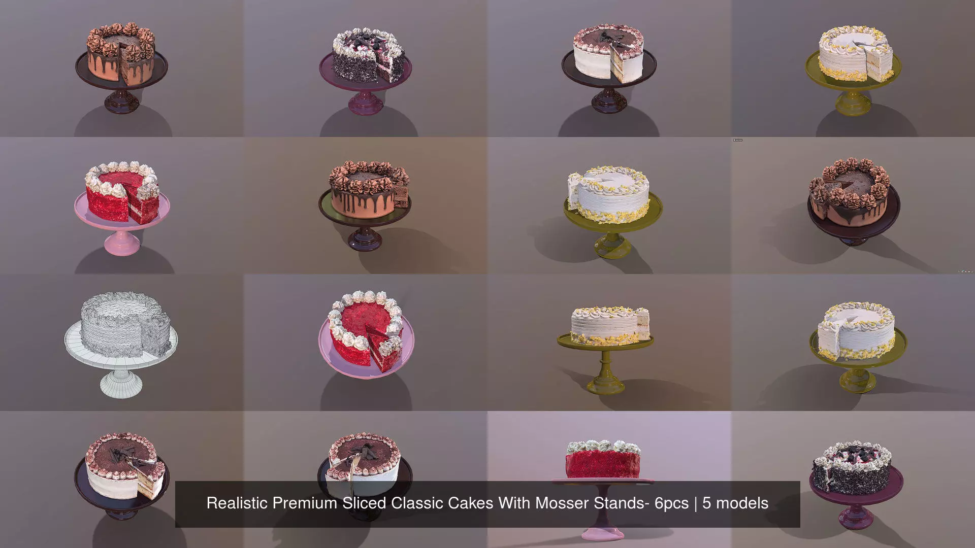 Realistic Premium Sliced Classic Cakes With Mosser Stands- 5pcs 3D Model Collection_0