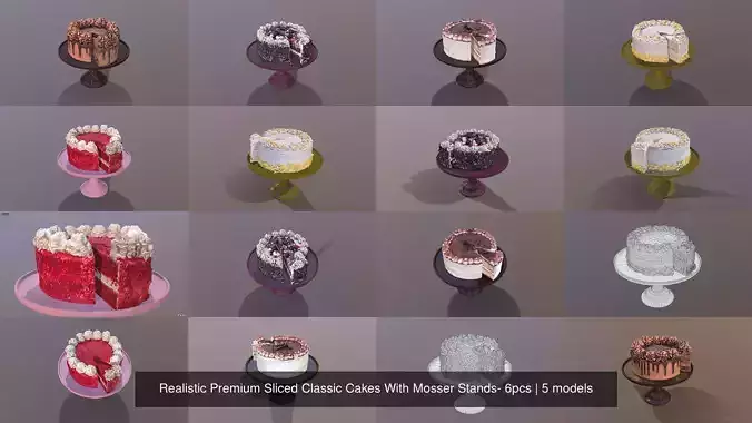 Realistic Premium Sliced Classic Cakes With Mosser Stands- 5pcs