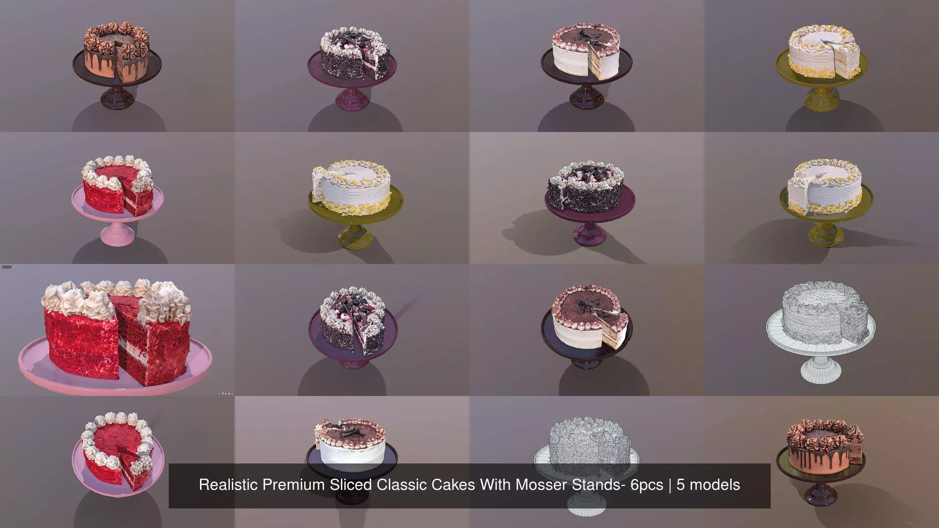 Realistic Premium Sliced Classic Cakes With Mosser Stands- 5pcs 3D Model Collection_1