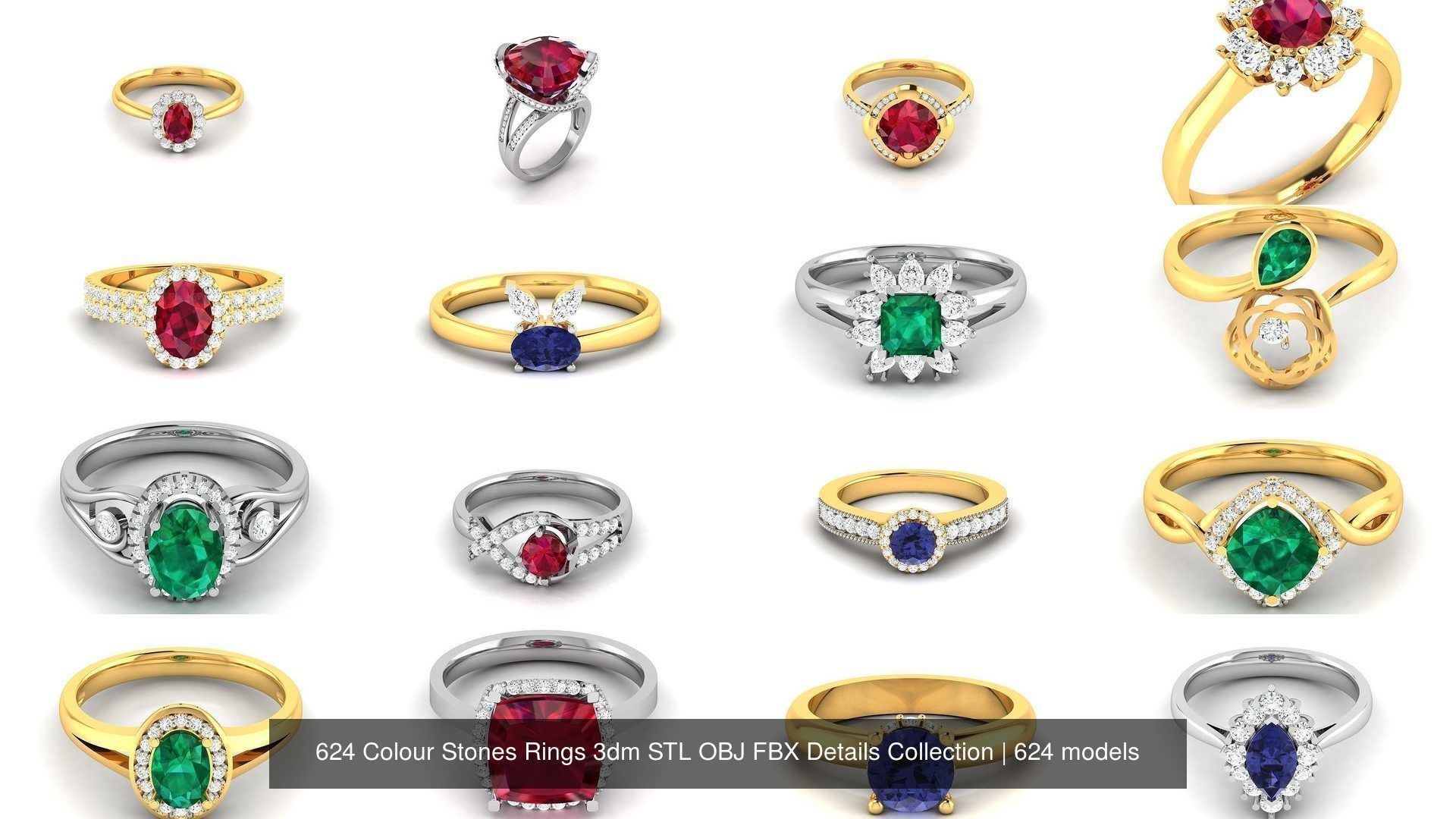 624 Colour Stones Rings 3dm STL OBJ FBX Details Collection _44