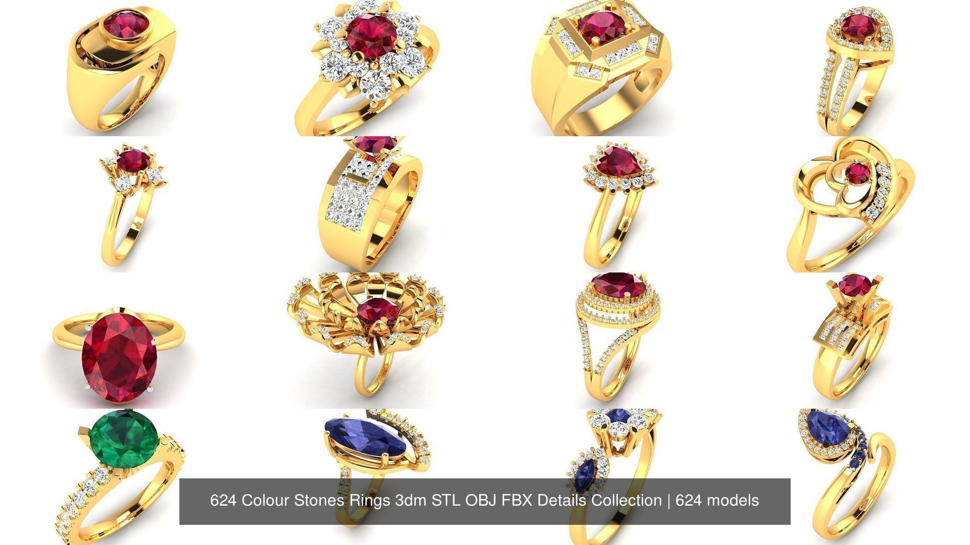 624 Colour Stones Rings 3dm STL OBJ FBX Details Collection _27