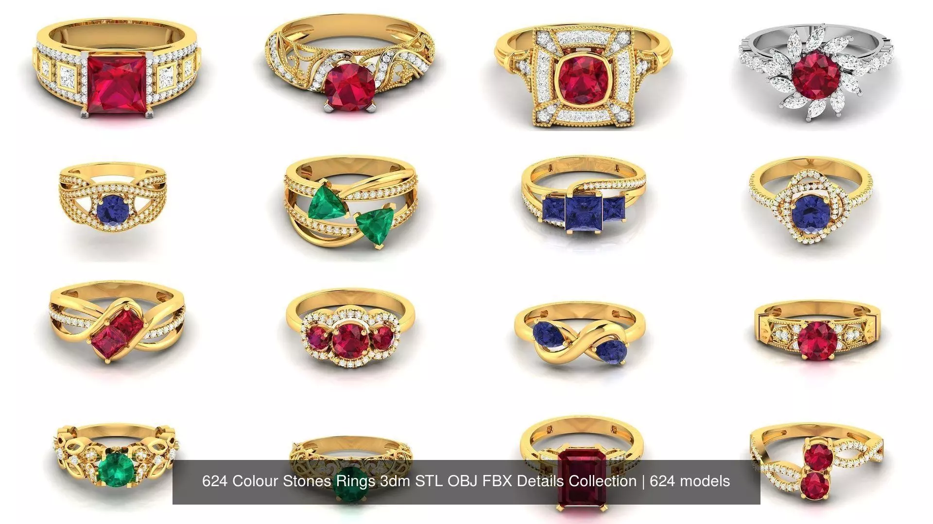 624 Colour Stones Rings 3dm STL OBJ FBX Details Collection _1