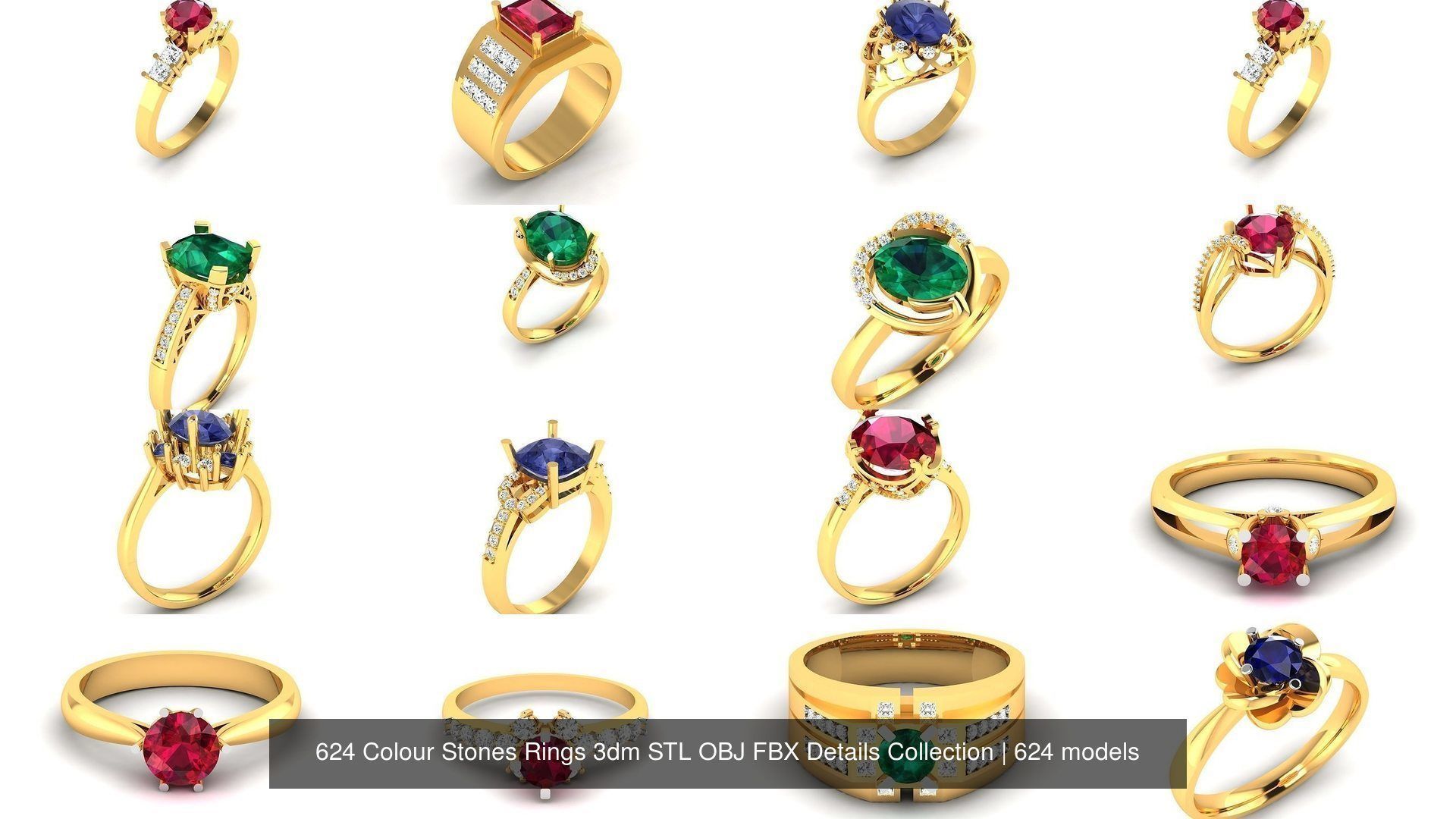 624 Colour Stones Rings 3dm STL OBJ FBX Details Collection _35