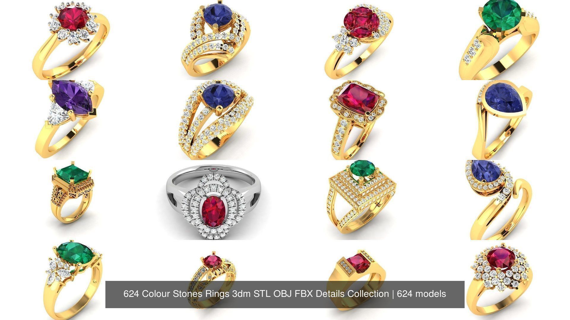 624 Colour Stones Rings 3dm STL OBJ FBX Details Collection _39