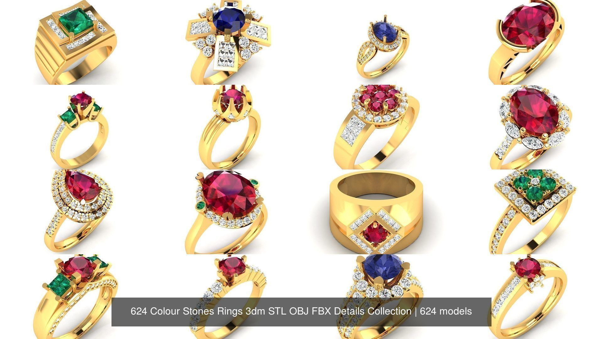 624 Colour Stones Rings 3dm STL OBJ FBX Details Collection _26