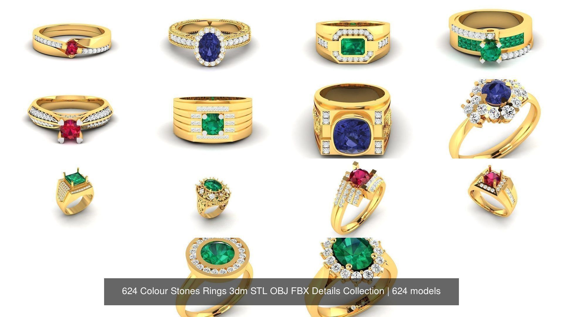624 Colour Stones Rings 3dm STL OBJ FBX Details Collection _46