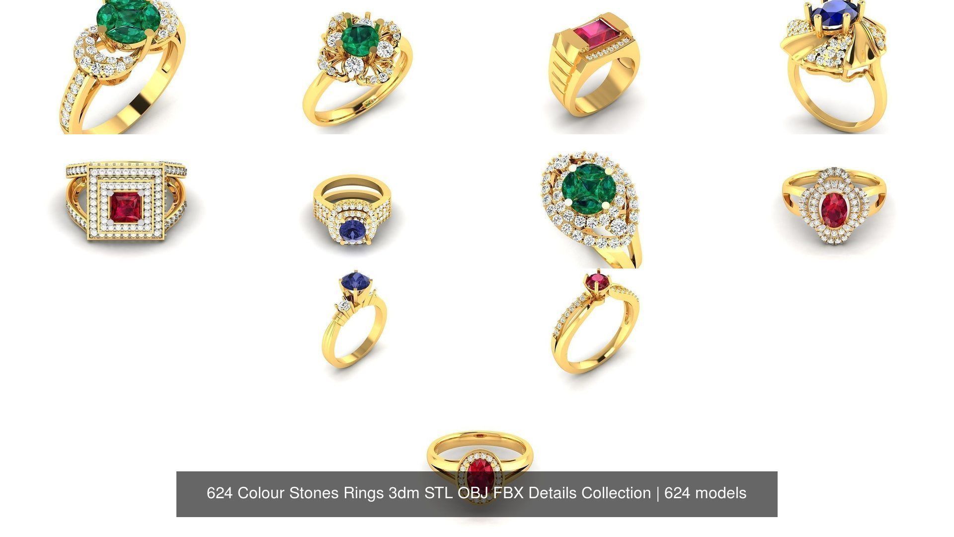 624 Colour Stones Rings 3dm STL OBJ FBX Details Collection _61