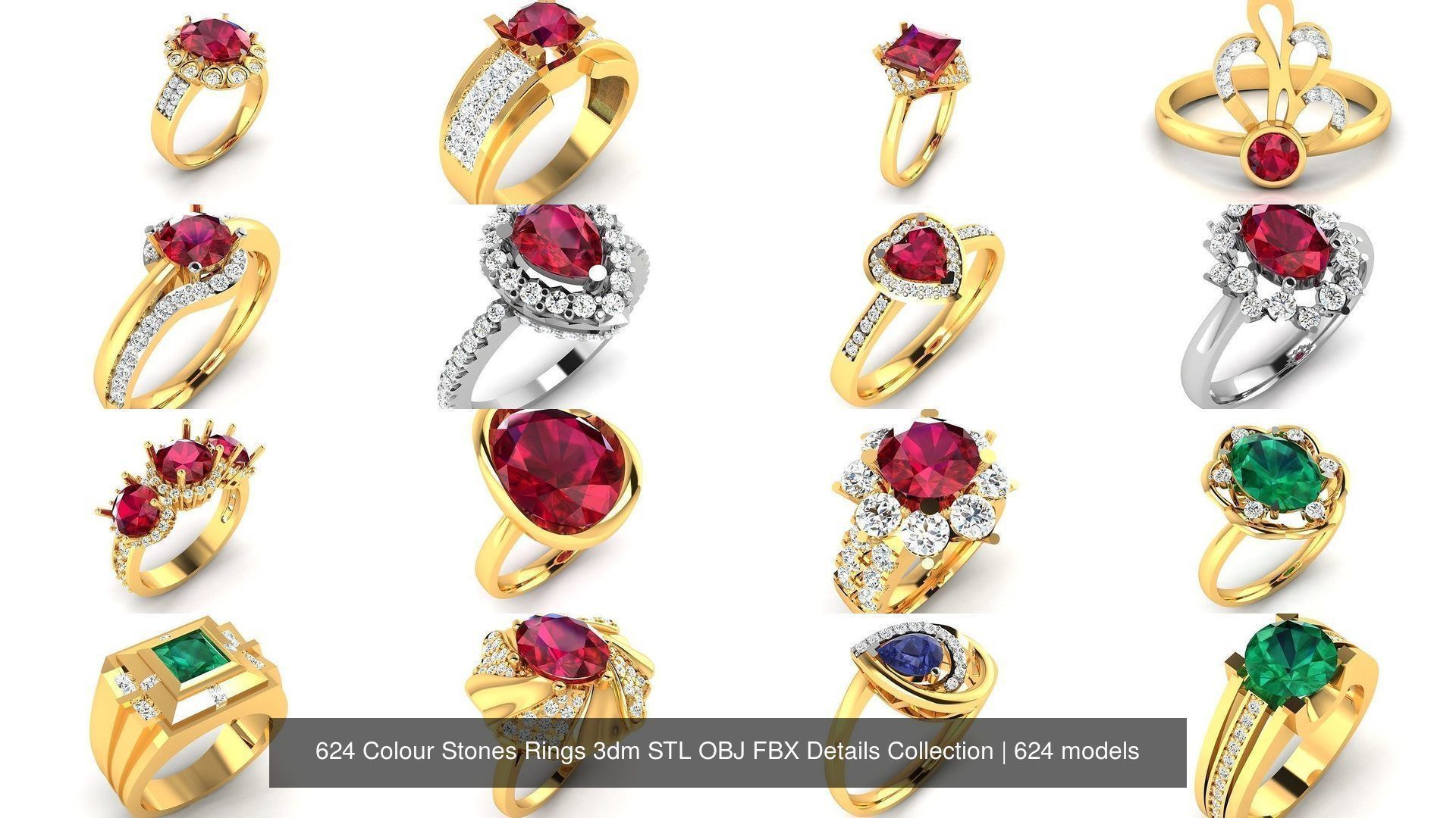 624 Colour Stones Rings 3dm STL OBJ FBX Details Collection _68