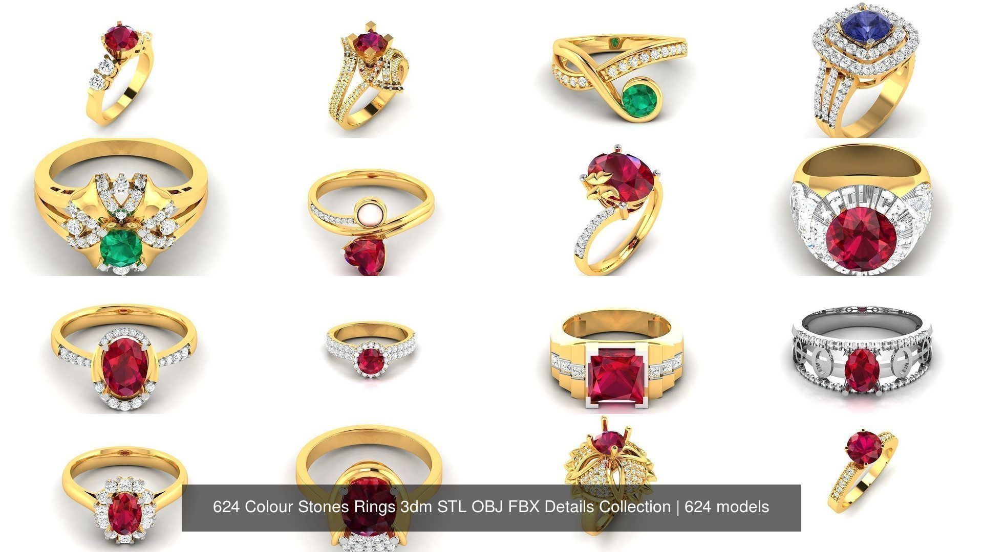 624 Colour Stones Rings 3dm STL OBJ FBX Details Collection _90