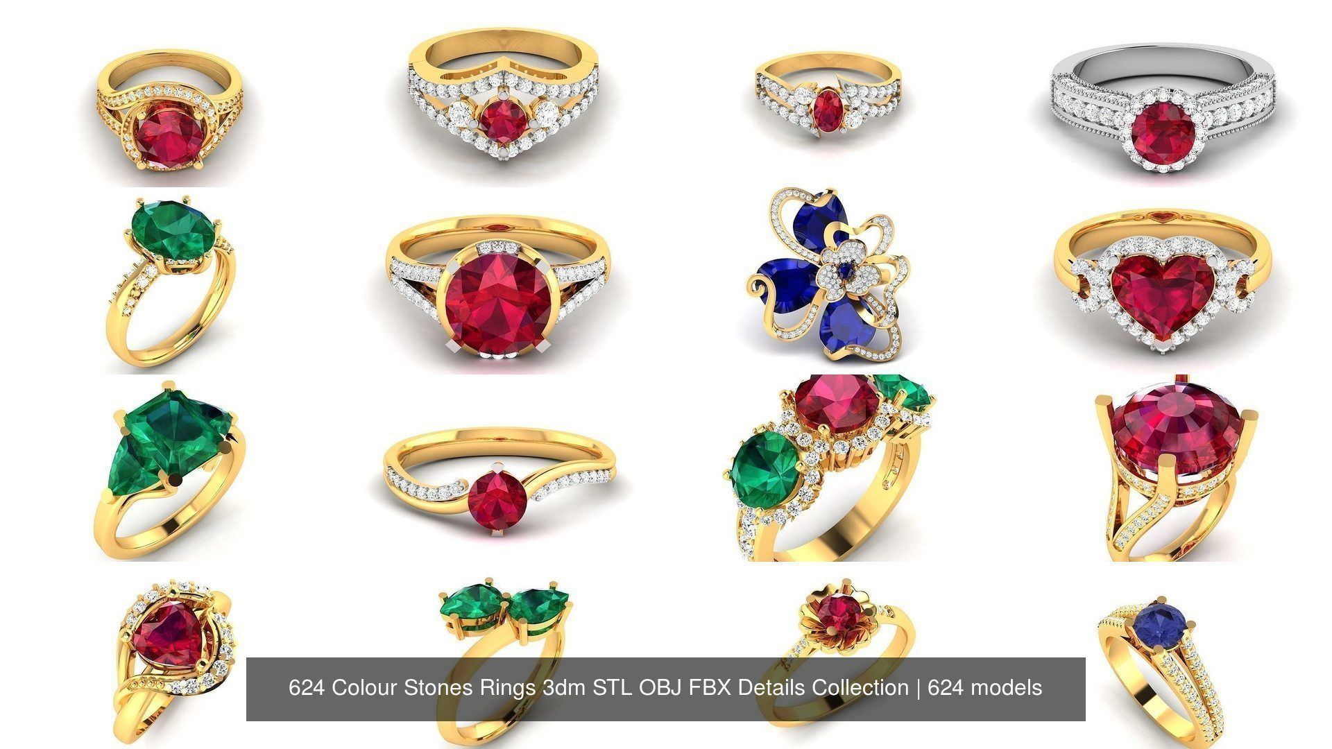624 Colour Stones Rings 3dm STL OBJ FBX Details Collection _30