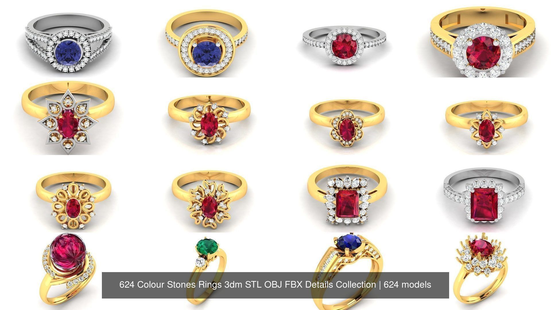 624 Colour Stones Rings 3dm STL OBJ FBX Details Collection _12