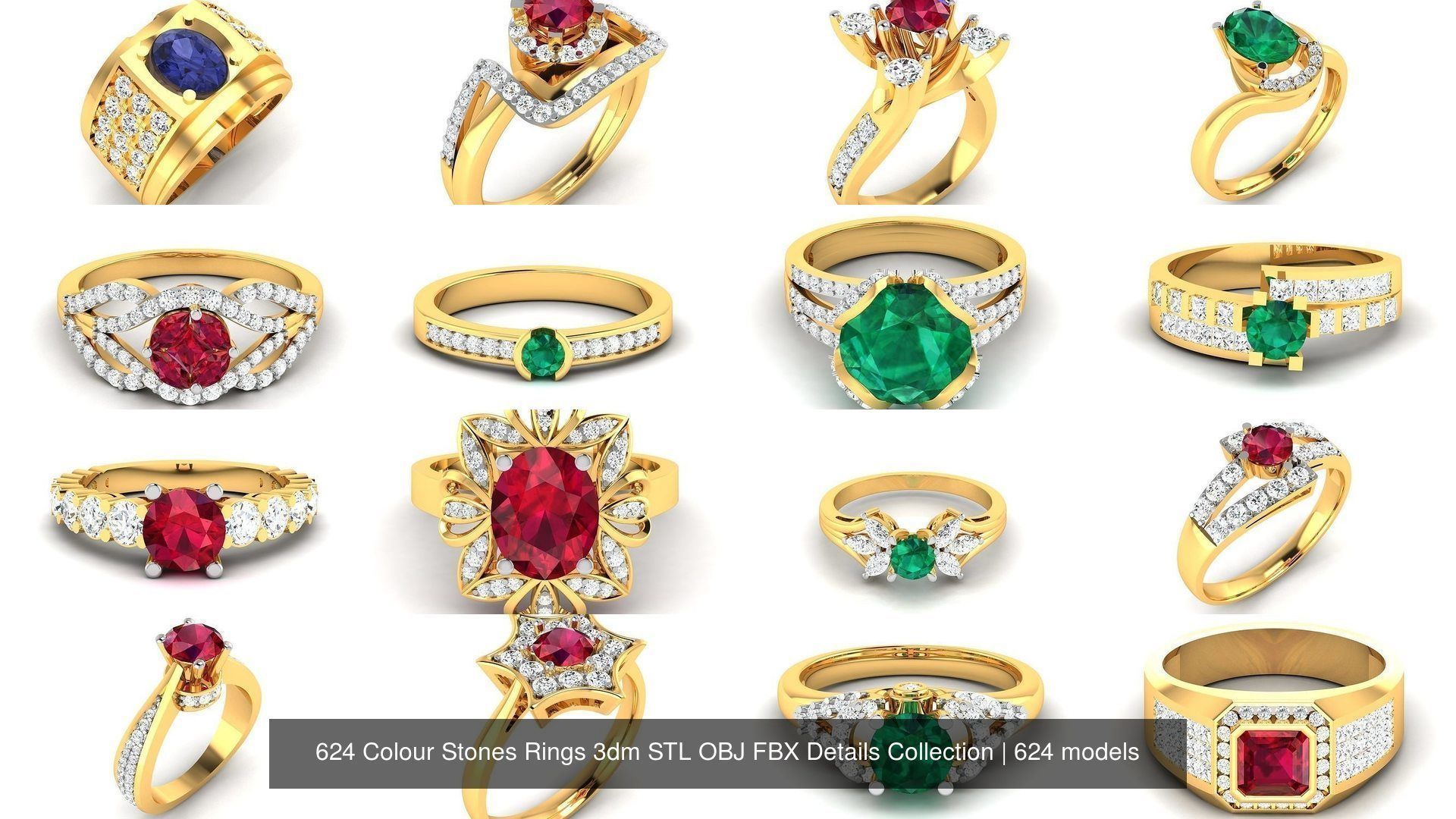 624 Colour Stones Rings 3dm STL OBJ FBX Details Collection _141