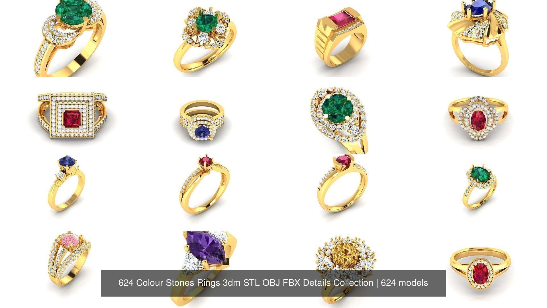 624 Colour Stones Rings 3dm STL OBJ FBX Details Collection _28