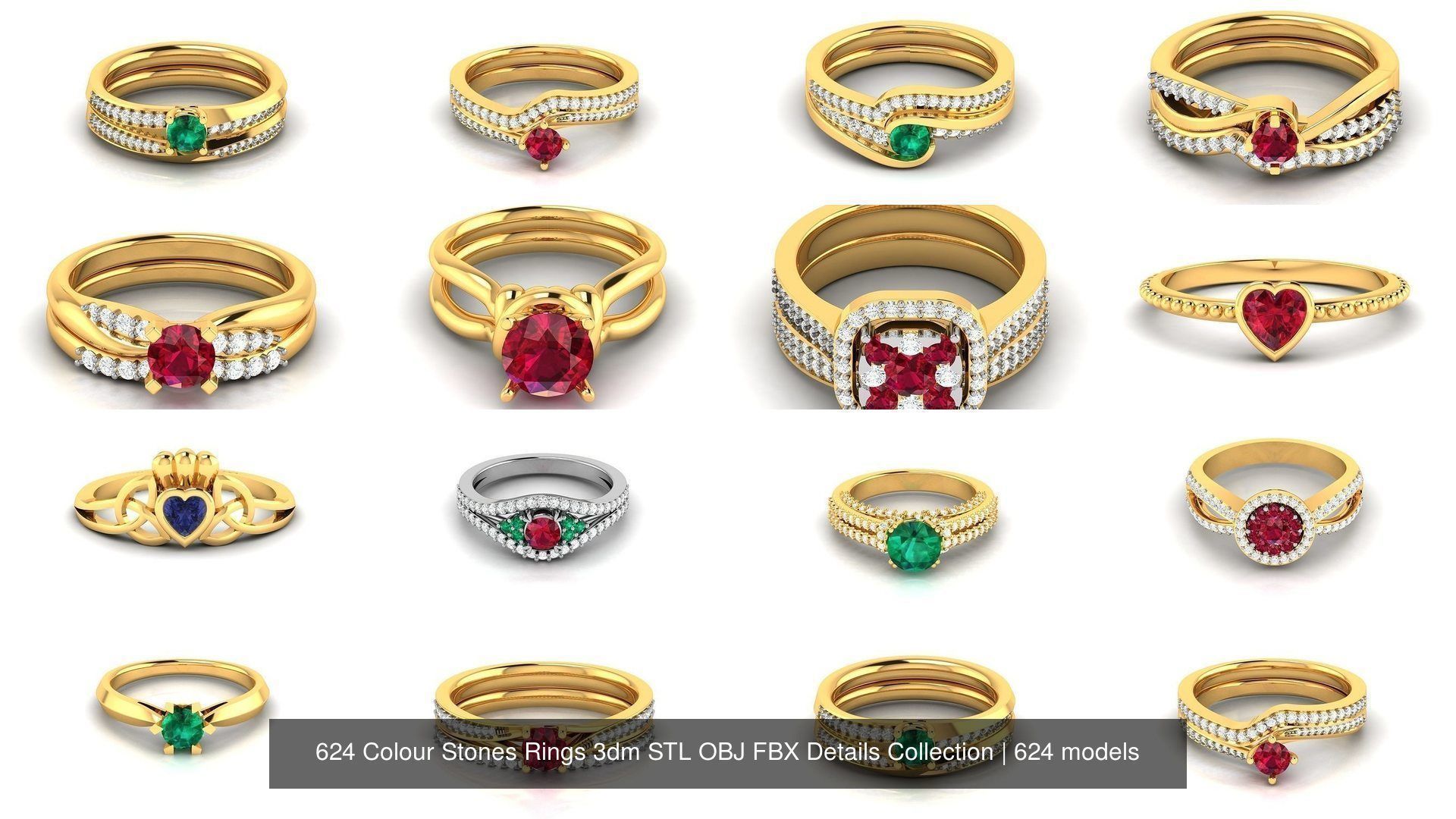 624 Colour Stones Rings 3dm STL OBJ FBX Details Collection _11